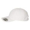 Classic white baseball cap with curved brim and adjustable strap, side view.