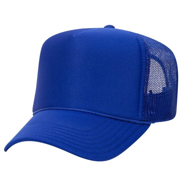 Royal blue trucker cap with a mesh back and curved brim.