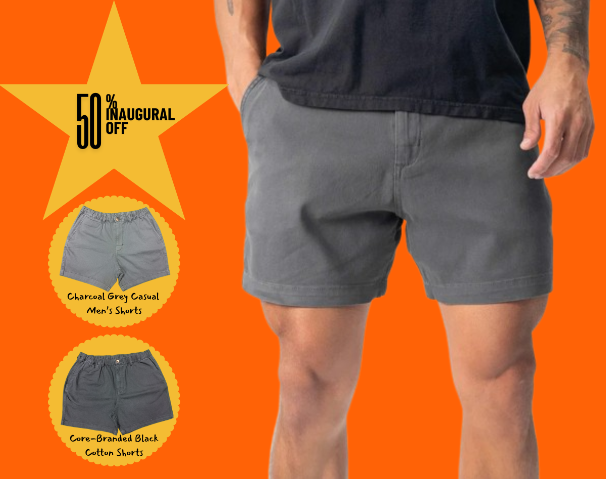 TheClassicMart.com. Promotional banner featuring a man wearing charcoal grey shorts with two product spotlights and a 50% inaugural offer on an orange background.