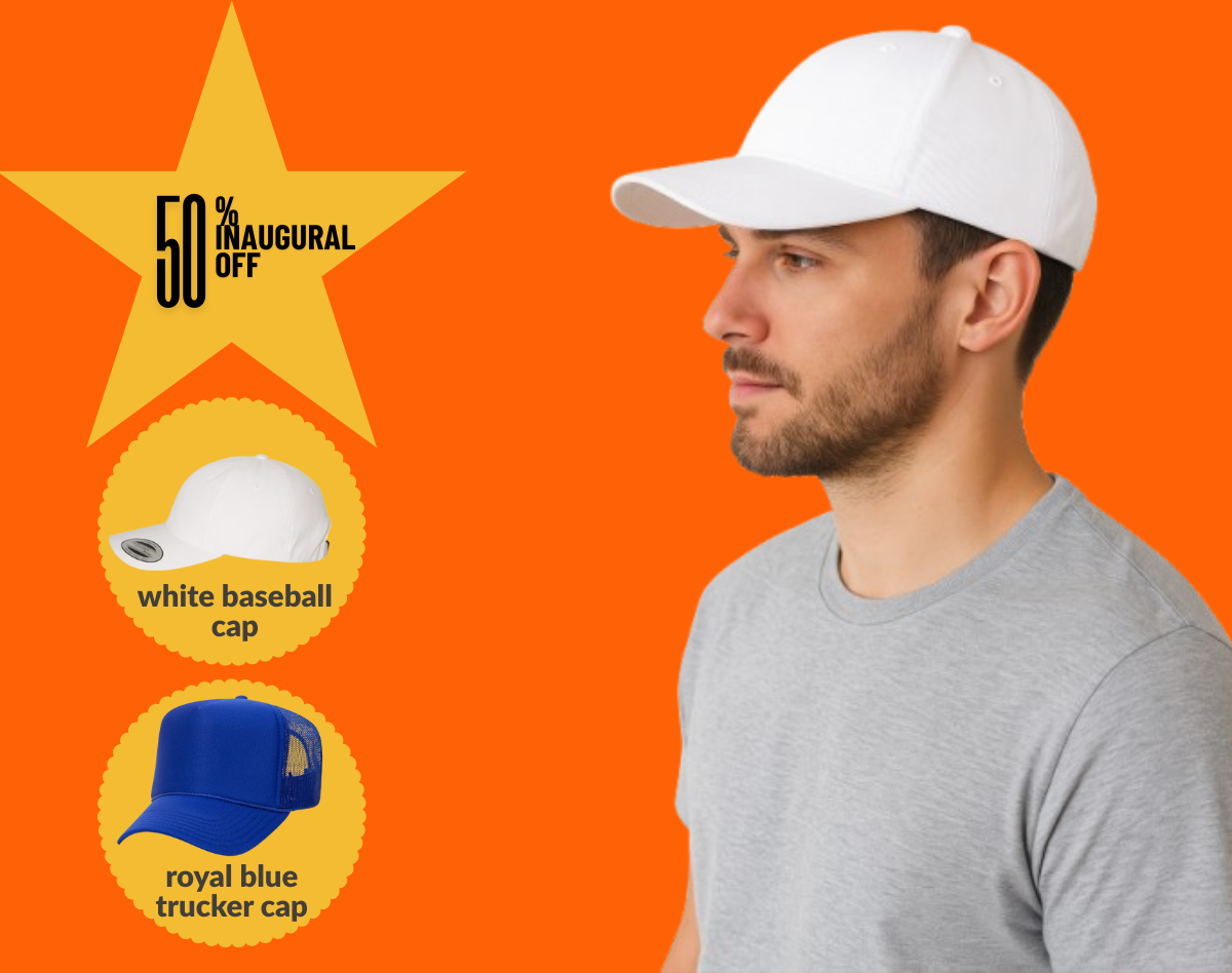 TheClassicMart.com. Promotional banner featuring a man in a white baseball cap, a royal blue trucker cap, and a white cap with a 50% inaugural offer star on an orange background.