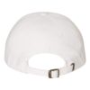 Classic white baseball cap with curved brim and adjustable strap, side view.