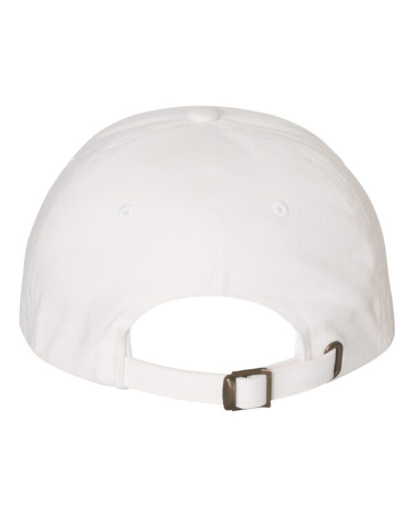 Classic white baseball cap with curved brim and adjustable strap, side view.
