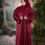 Original Dubai Imported Koti Borka – Elegant Maroon Style. Woman wearing a maroon Dubai imported koti borka with elegant embroidery details.