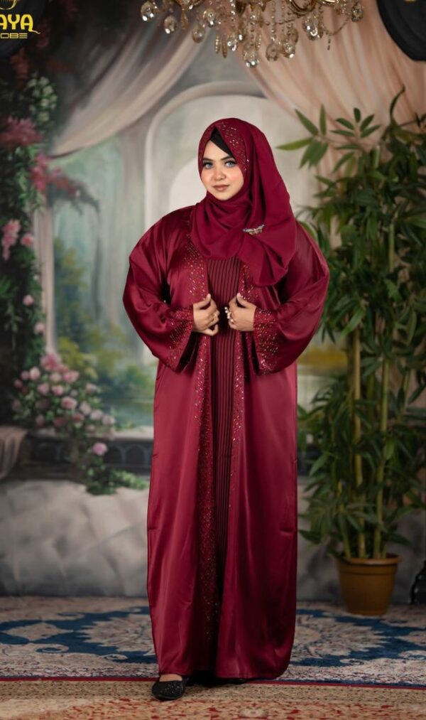 Original Dubai Imported Koti Borka – Elegant Maroon Style. Woman wearing a maroon Dubai imported koti borka with elegant embroidery details.