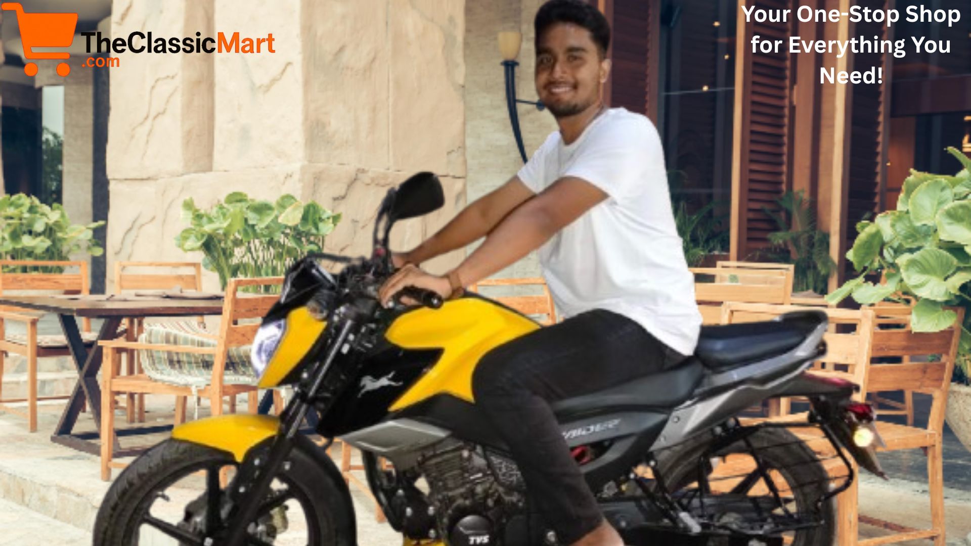 Fashion Young man smiling on a yellow motorbike in front of a café with TheClassicMart.com logo and slogan on the image.